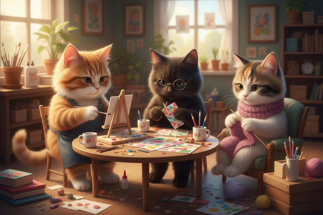 3 Cats making crafts